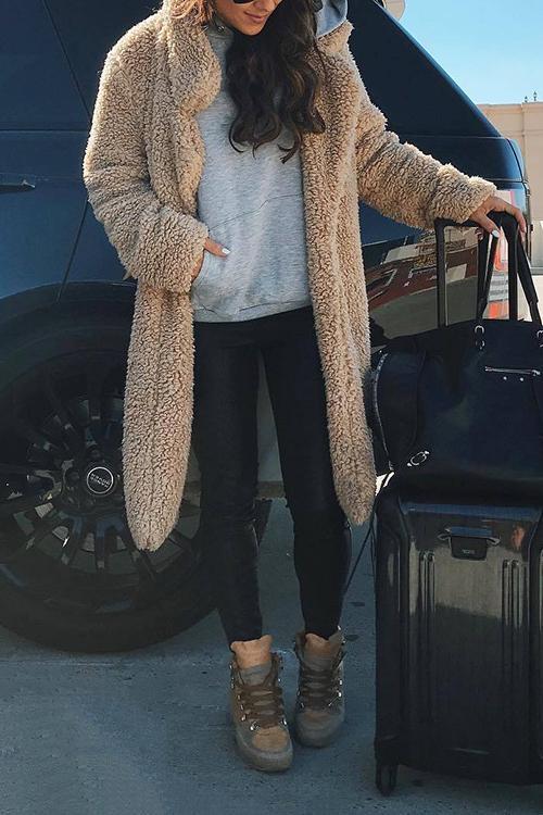 Casual Lapel Pocket Long Coat-Pinkami