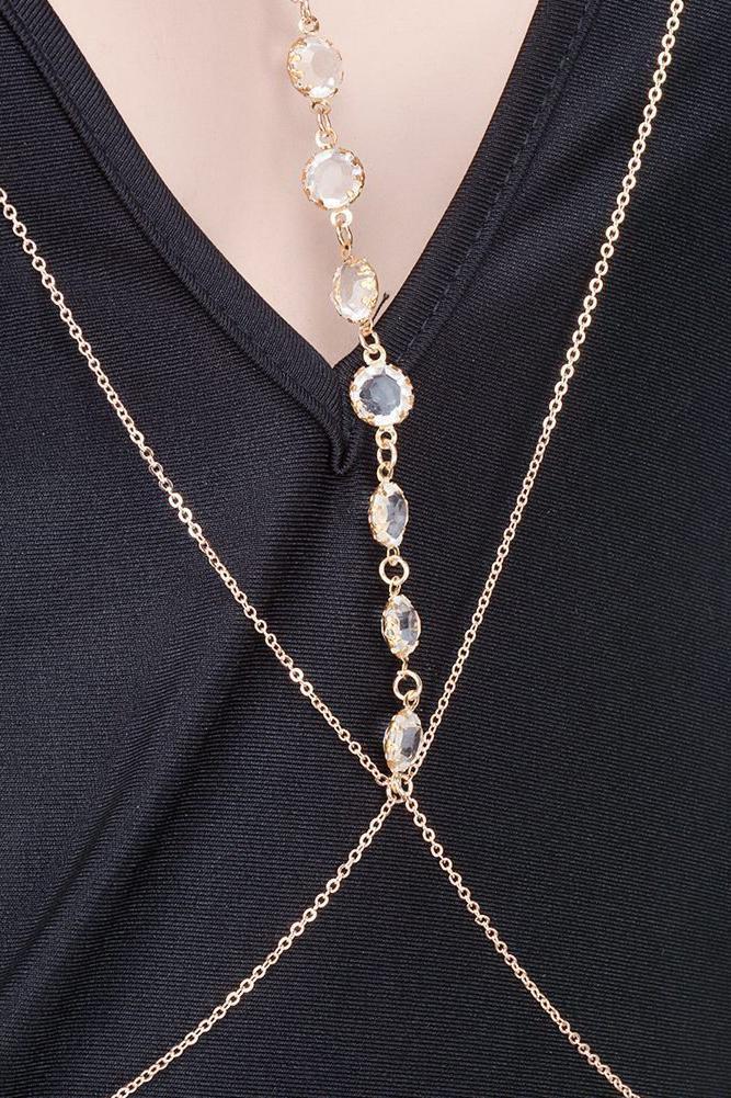 Gold Halter Triangle Crystal Accent Sexy Chain Bra-Pinkami