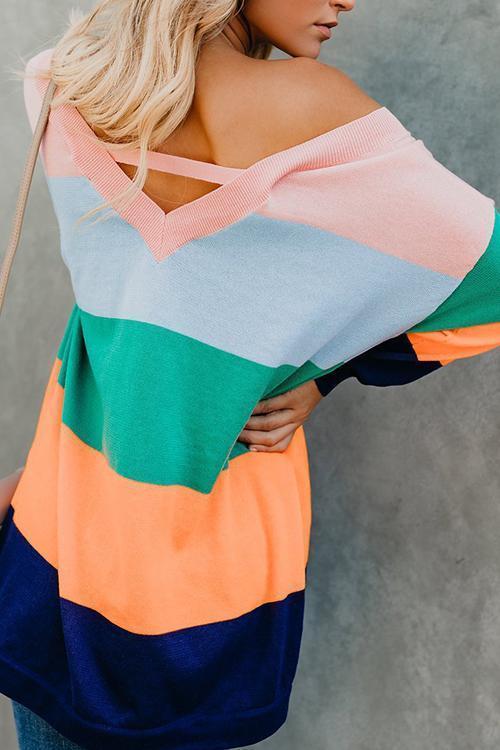 Striped Color Matching V-neck Sweater-Pinkami