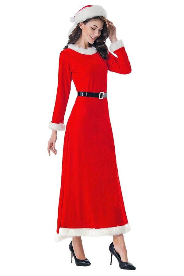 Cute Fur Trim Belted Maxi Santa Dress Christmas Costume Red-Pinkami