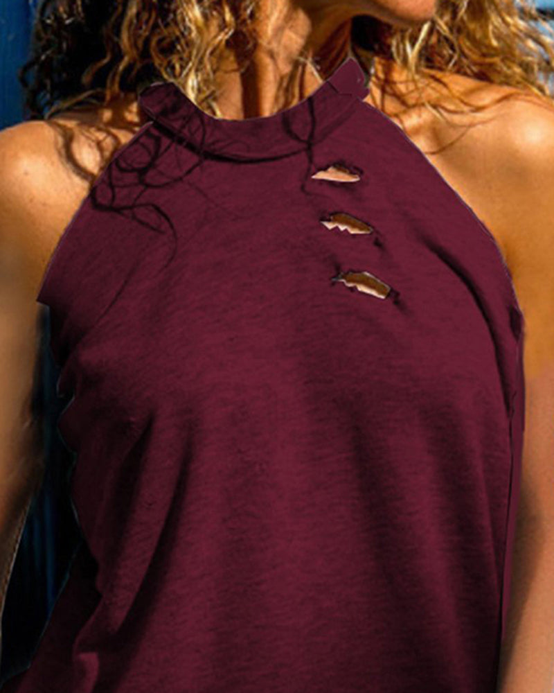 Solid Ripped Detail Halter T-Shirt-Pinkami