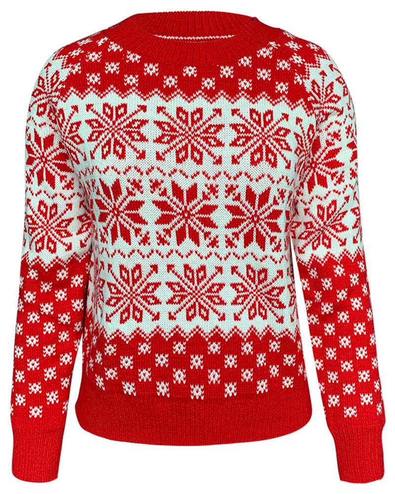 Snowflake Print Rib-Knit Round Neck Sweater-Pinkami