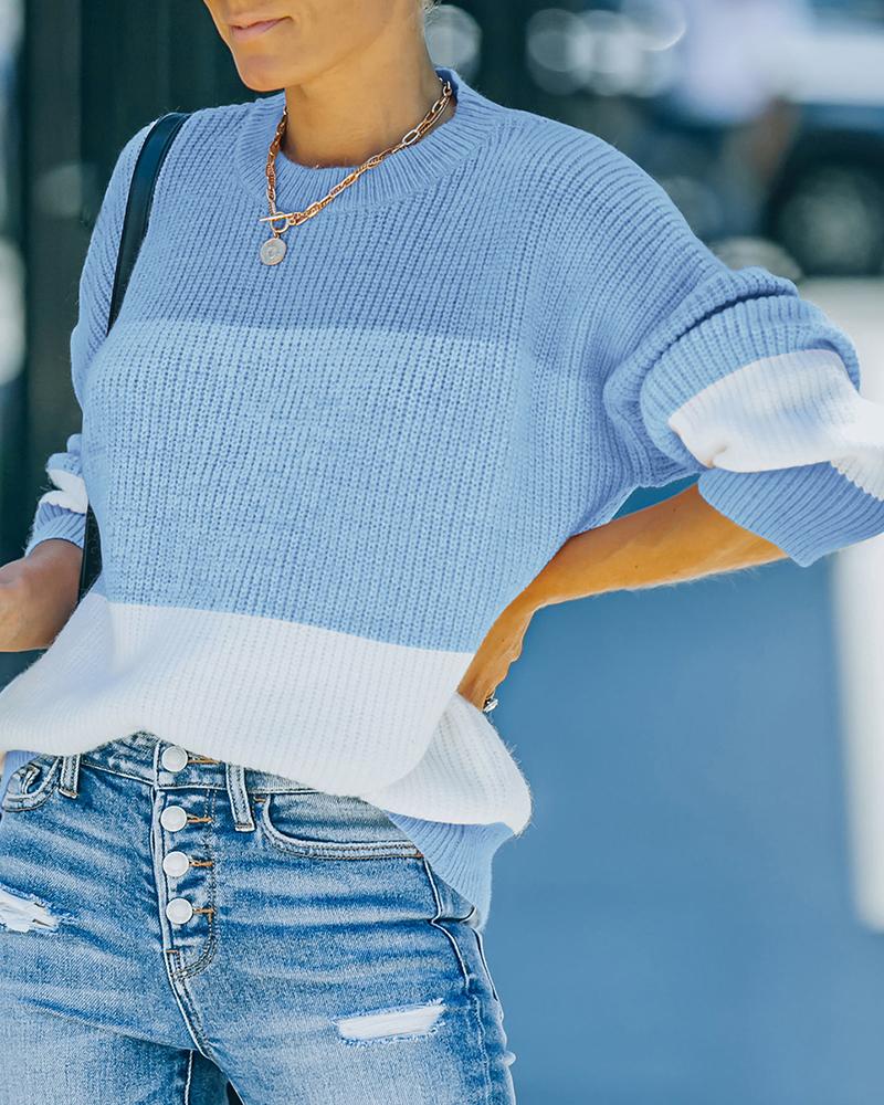 Colorblock Rib-Knit Round Neck Sweater-Pinkami