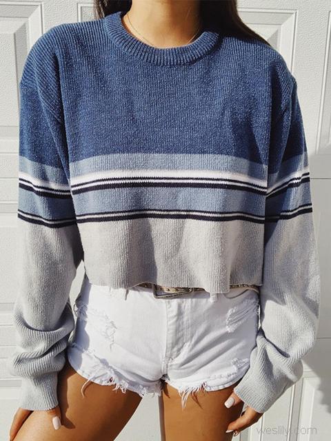 Striped Contrast Short Knit Sweater-Pinkami