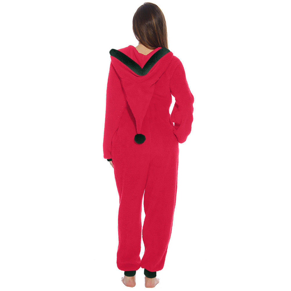 Womens Zipper Santa Onesie With Hood Red-Pinkami