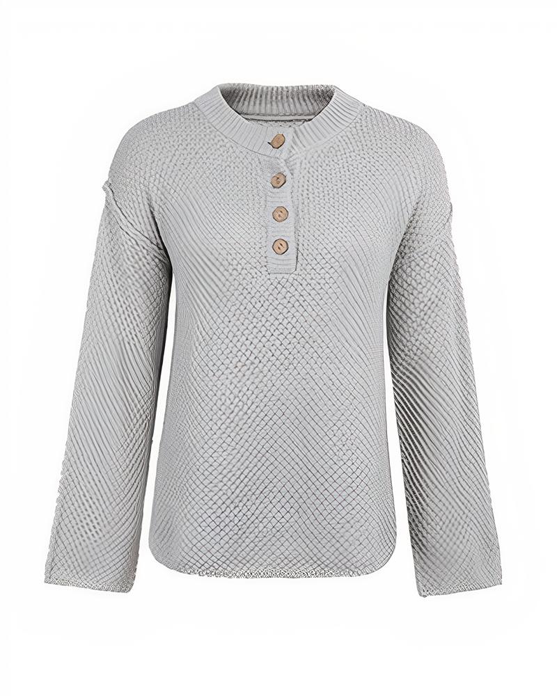 Solid Waffle Knit Topstitching Split Hem Button Detail Sweater-Pinkami