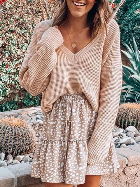 Solid Colored V-neck Pullover Short Sweater Jumper-Pinkami