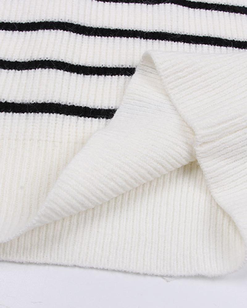 Striped Rib-Knit O-ring Zip Front Sweater-Pinkami