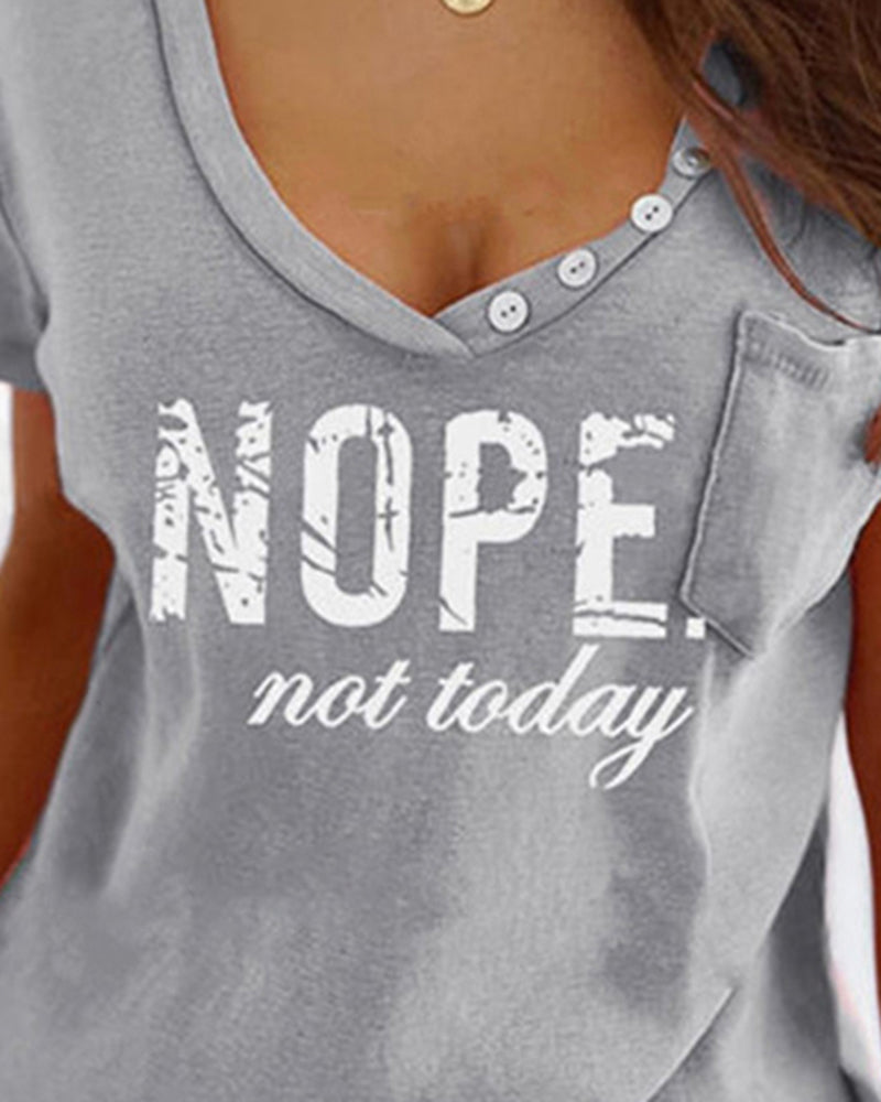 Letter Print Button Decor Patched Pocket T-Shirt-Pinkami