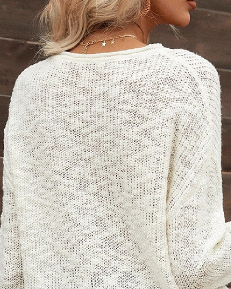 Chunky Knit V Neck Long Sleeve Sweater-Pinkami