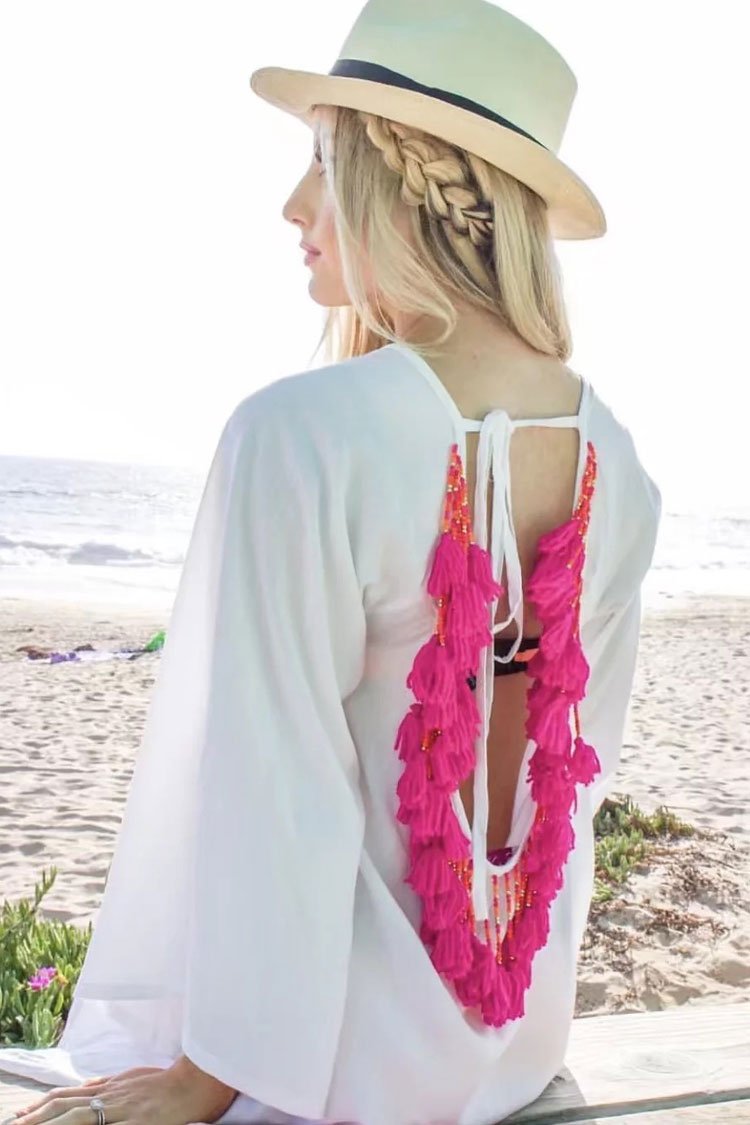 Sexy Fringe Self Tie Back Cover Up-Pinkami
