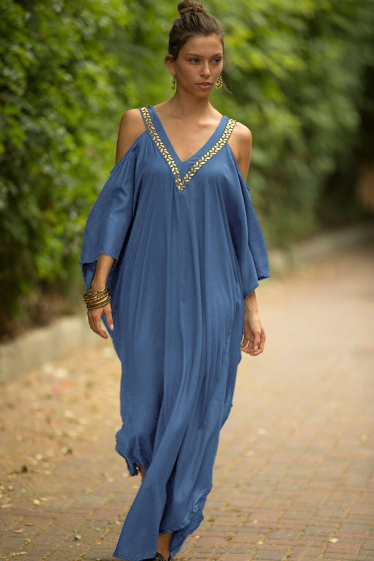 Leaf Embroidered V Neck Cold Shoulder Maxi Caftan Cover Up-Pinkami