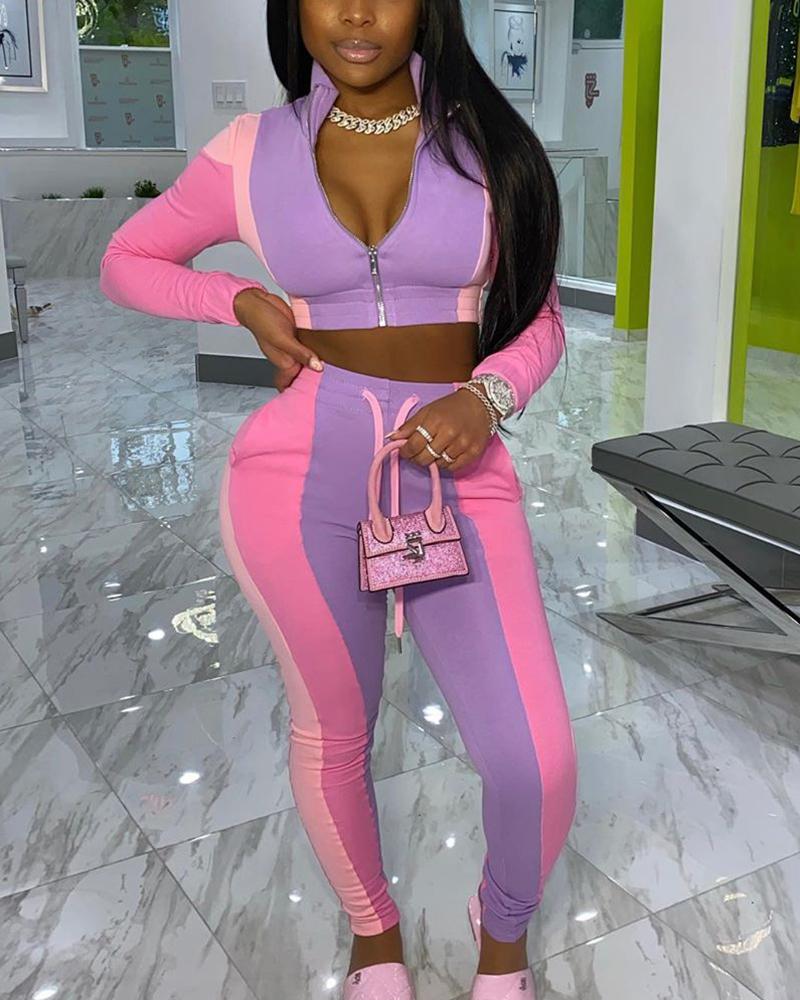 Colorblock Zip Up Drawstring Waist Crop Top & Pants Set-Pinkami