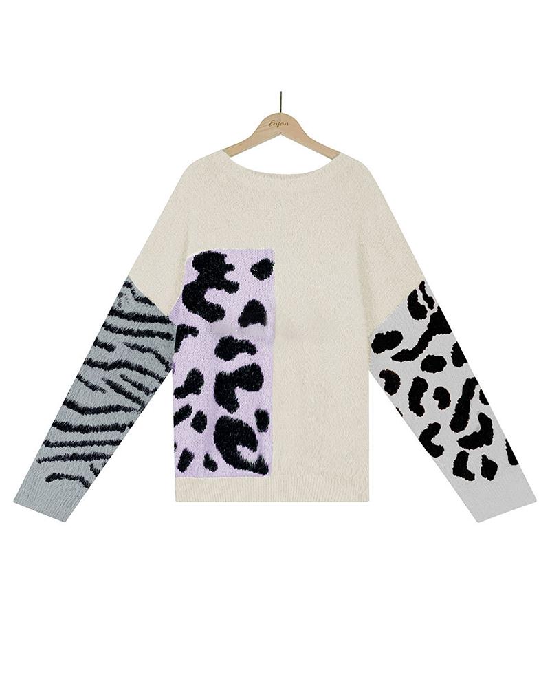 Colorblock Graphic Print Fuzzy Round Neck Sweater-Pinkami