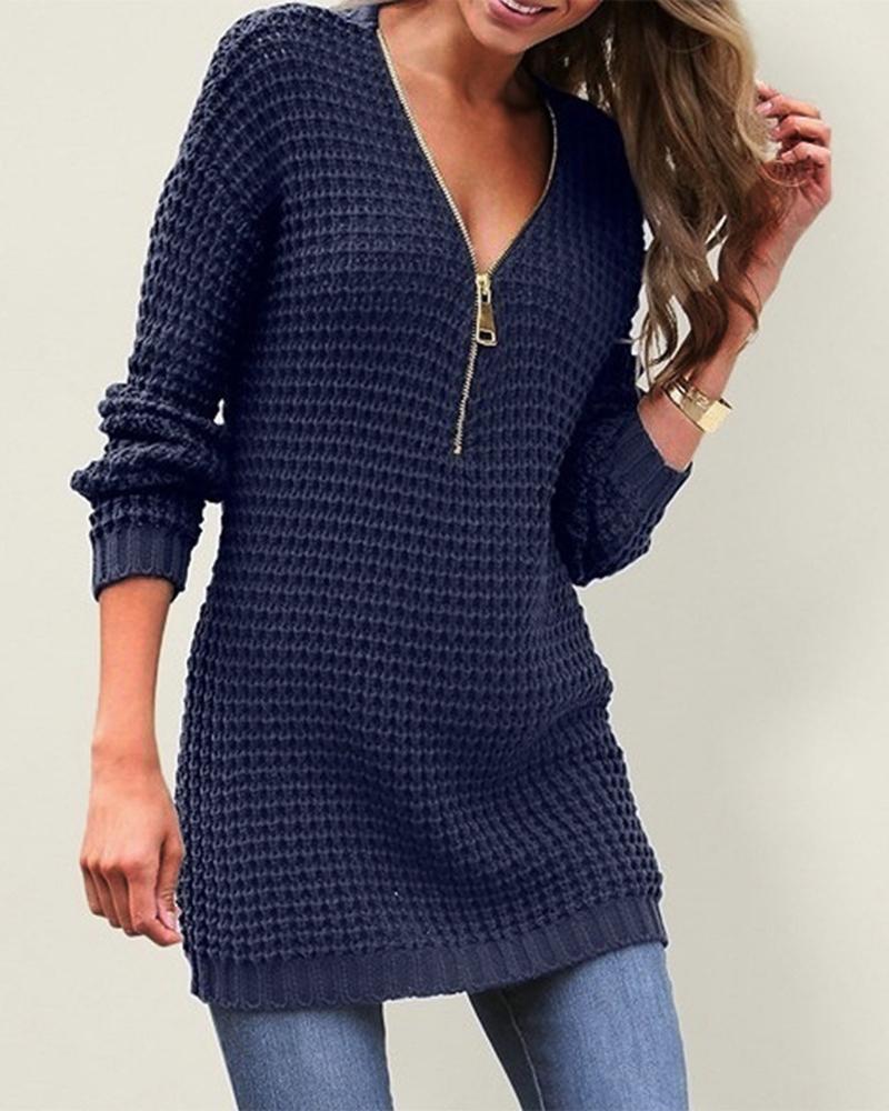 Solid Chunky Knit Zip Front V Neck Sweater-Pinkami