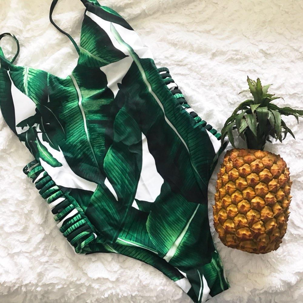 Sexy Leaf Print Hollow Out Bandage Bathing Suit-Pinkami