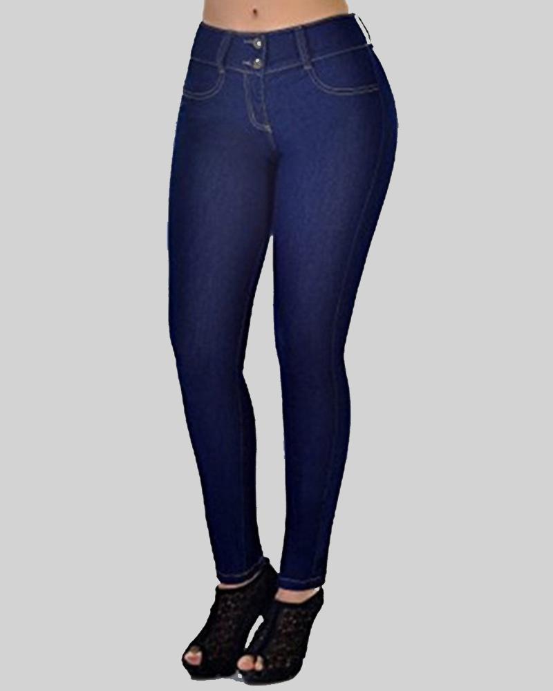 Women Button Front Mid Waist Skinny Jeans-Pinkami