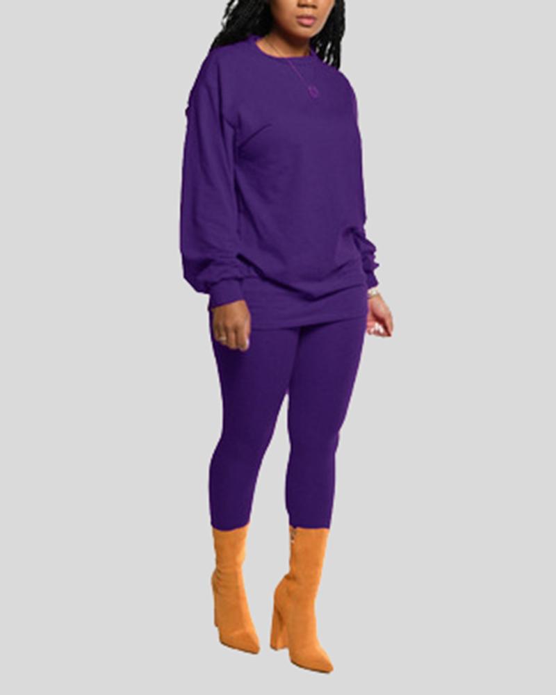 Solid Round Neck Tee & Pants Set-Pinkami