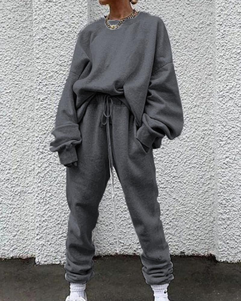 Solid Drawstring Waist Slant Pocket Elastic Hem Sweatshirt & Pants Set-Pinkami