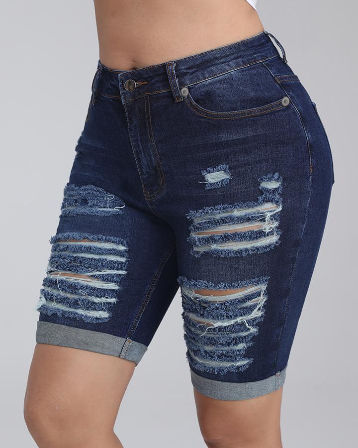 Women Ripped Zip Fly Pocket Detail Rolled Cuff Demin Shorts-Pinkami