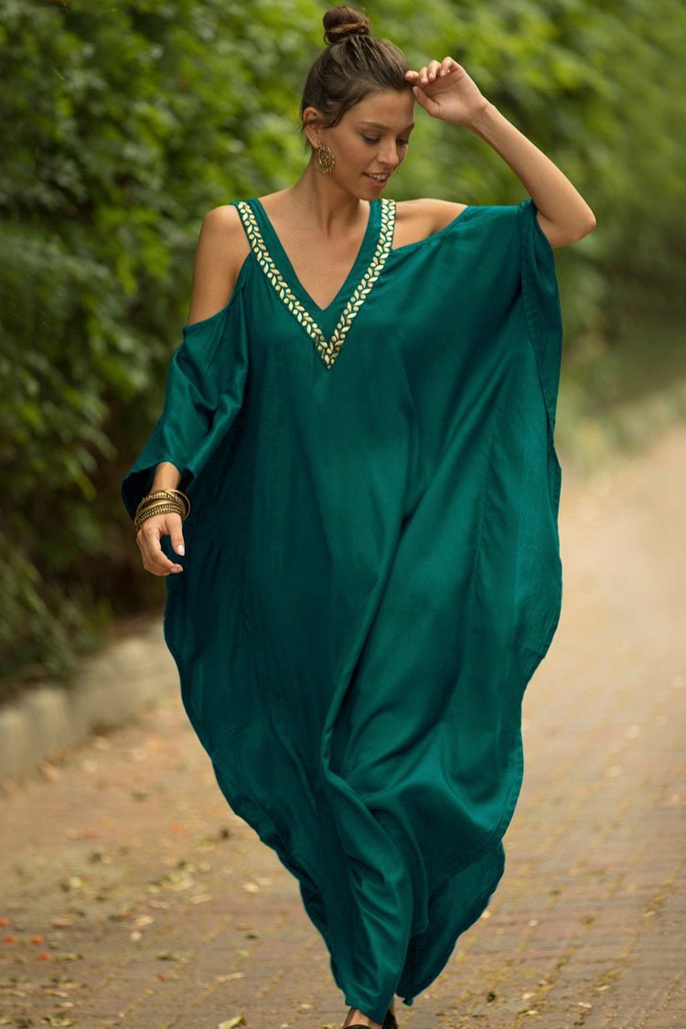 Leaf Embroidered V Neck Cold Shoulder Maxi Caftan Cover Up-Pinkami