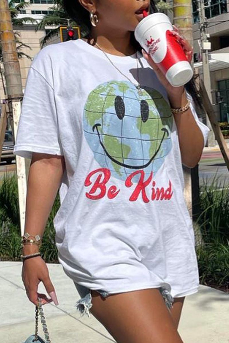 Smile Face & Letter Print Round Neck T-Shirt-Pinkami