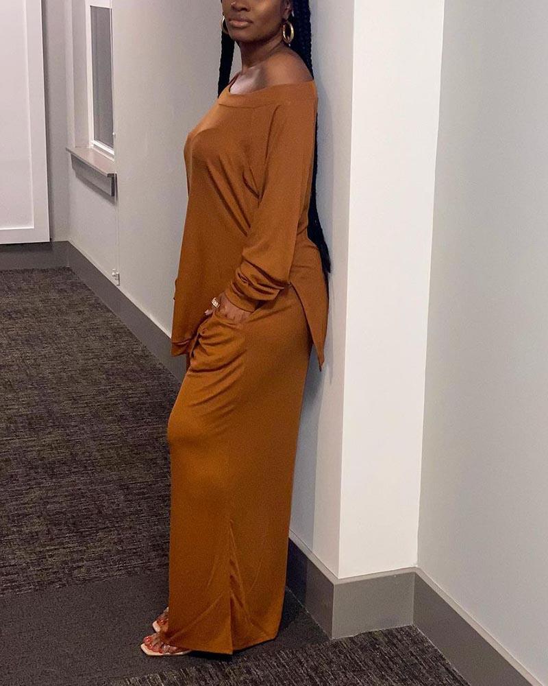 Solid Split Hem Boat Neck Top & Pants Set-Pinkami