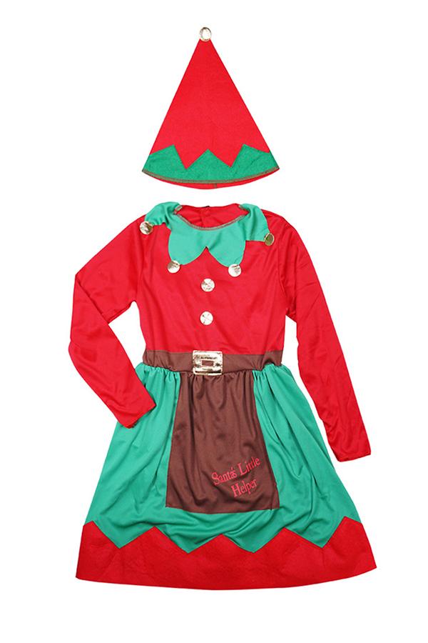Long Sleeve Girls Christmas Santa Little Helper Elf Costume Dress Red-Pinkami