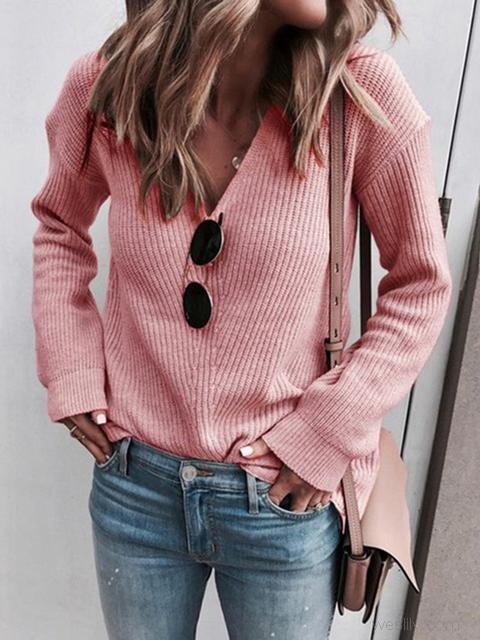 V-Neck Solid Color Knitted Sweater-Pinkami
