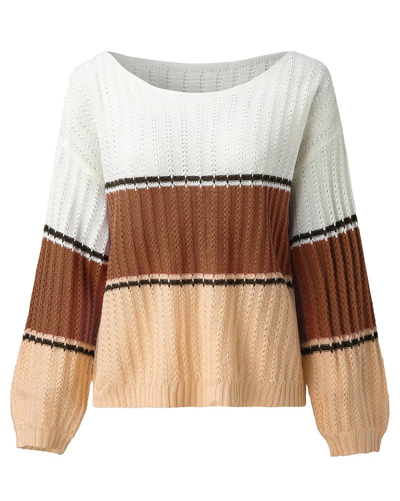 Colorblock Striped Pointelle Knit Boat Neck Sweater-Pinkami