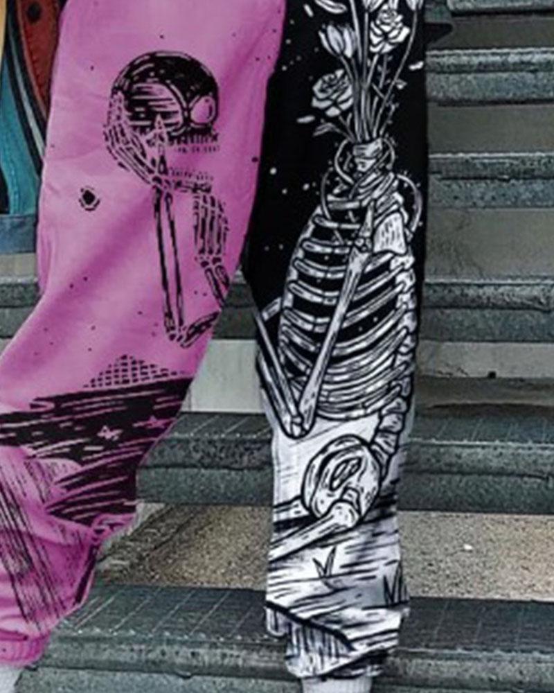 Colorblock & Floral Print Pocket Side High Waist Sports Pants For Women-Pinkami