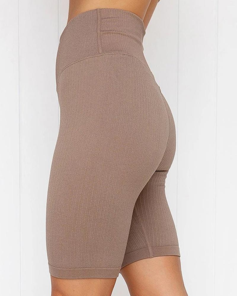 Rib-knit Wide Waistband Butt Lifting Sports Shorts-Pinkami