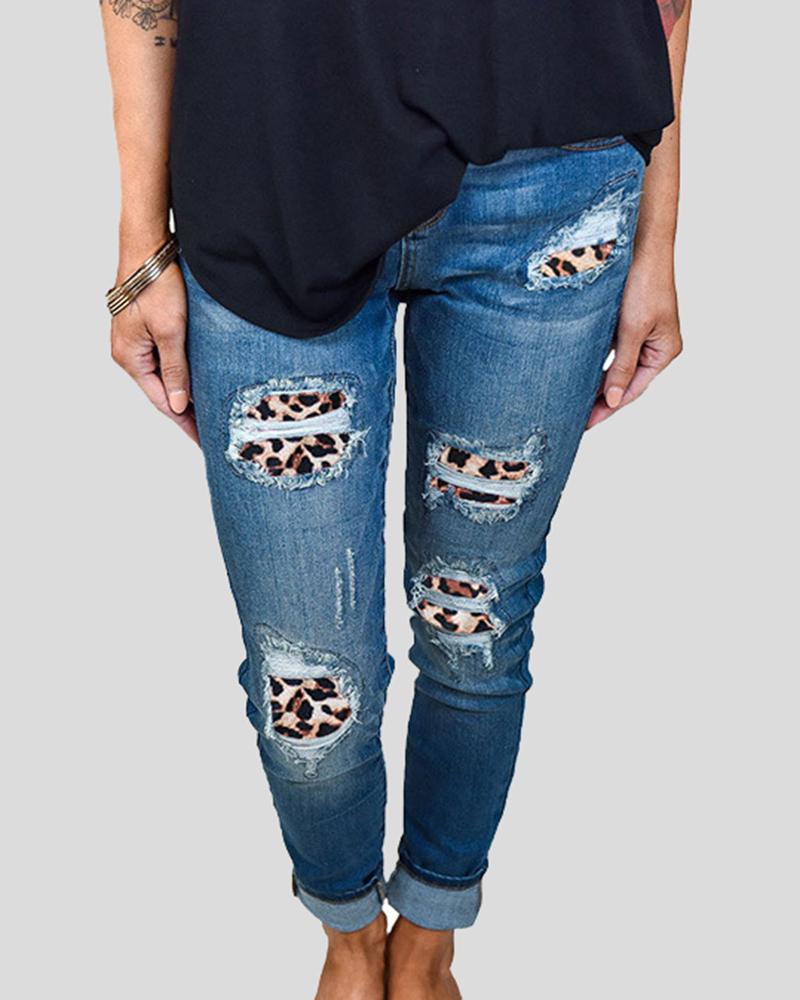 Women Plaid & Leopard Patch Insert High Waist Crop Jeans-Pinkami