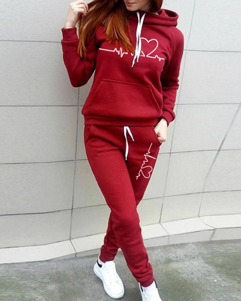 Heart & ECG Print Hooded Top & Pants Set-Pinkami