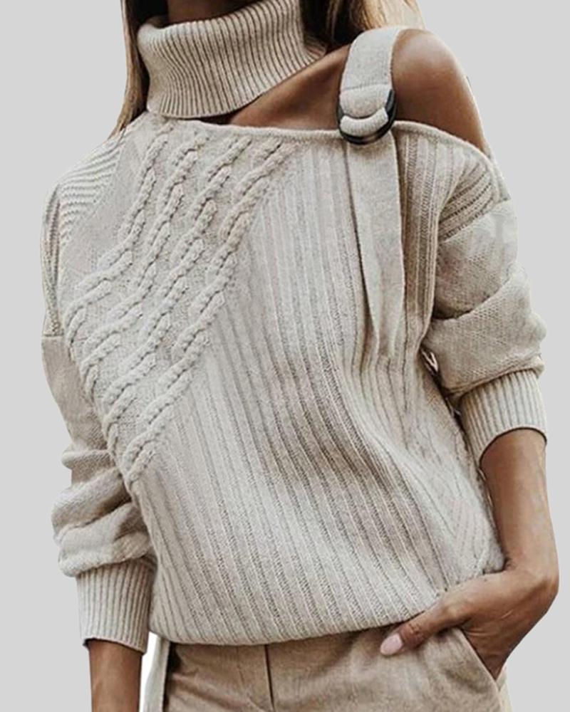 Turtleneck Mixed Knit Buckle Decor Cutout Sweater-Pinkami