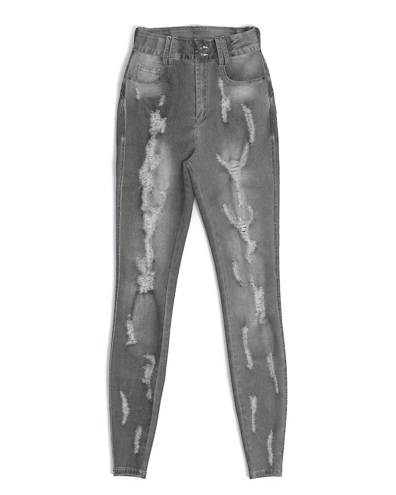 Women Extreme Distressed High Waist Skinny Jeans-Pinkami