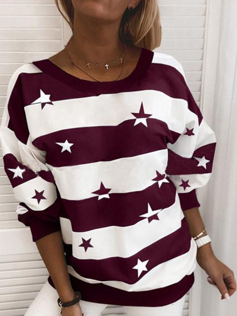 Stripe Star Print Round Neck Sweater-Pinkami