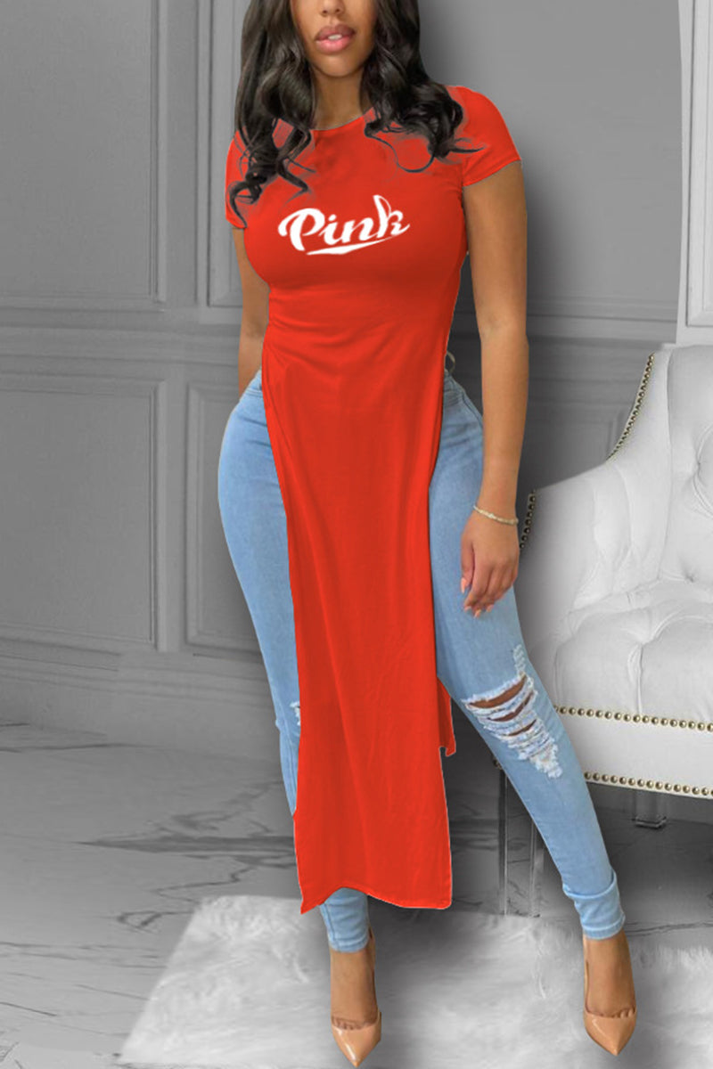 Letter Print Split Side Longline Top-Pinkami