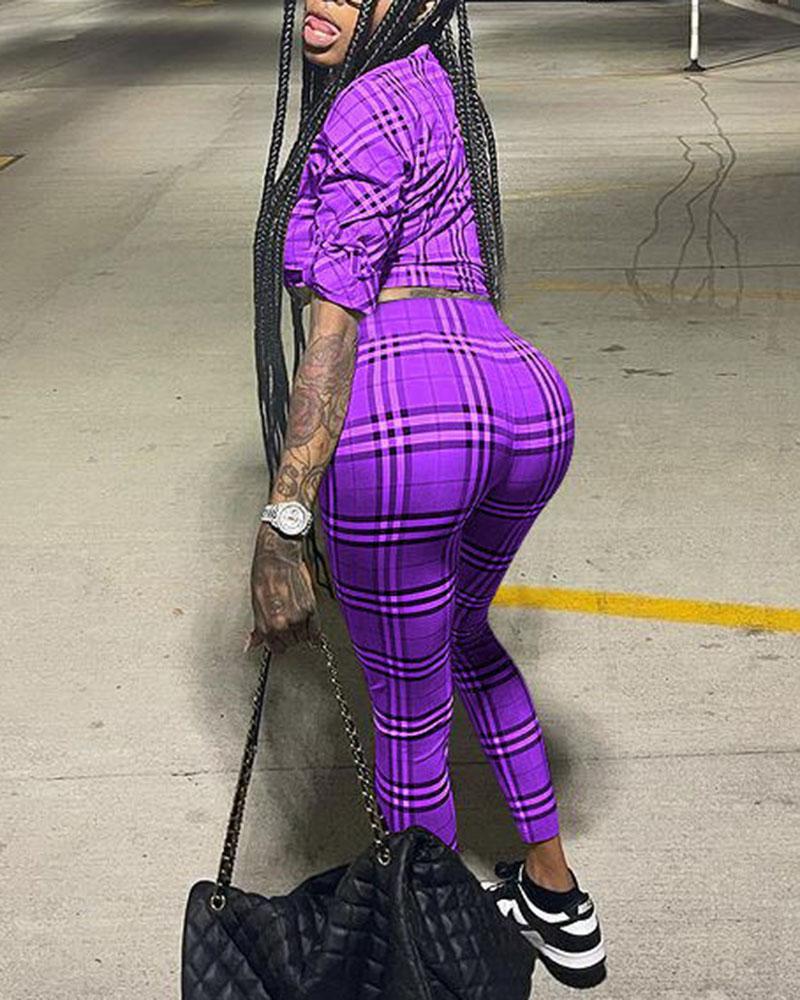 Plaid Print Button Up Asymmetrical Hem Blouse & Pants Set-Pinkami