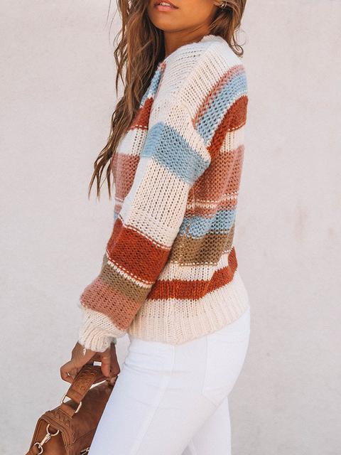 Color Block Cable-knit Round Neck Sweater-Pinkami