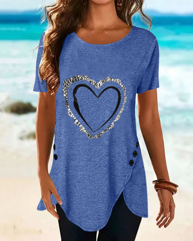 Heart Print Button Side Asymmetrical Hem T-Shirt-Pinkami