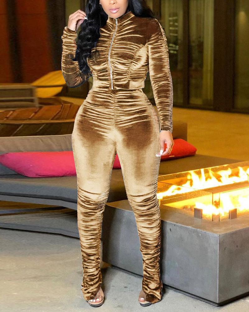 Solid Ruched Zip Up Long Sleeve Top & Split Hem Pants Set-Pinkami