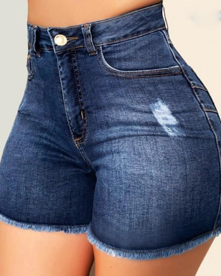 Women High Waist Frayed Hem Ripped Denim Shorts-Pinkami