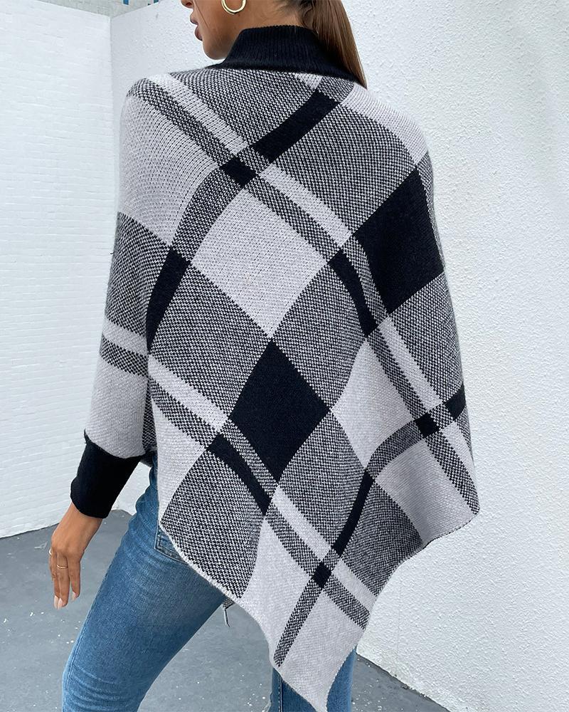 Tartan Leg-of-mutton Sleeve Poncho Sweater-Pinkami