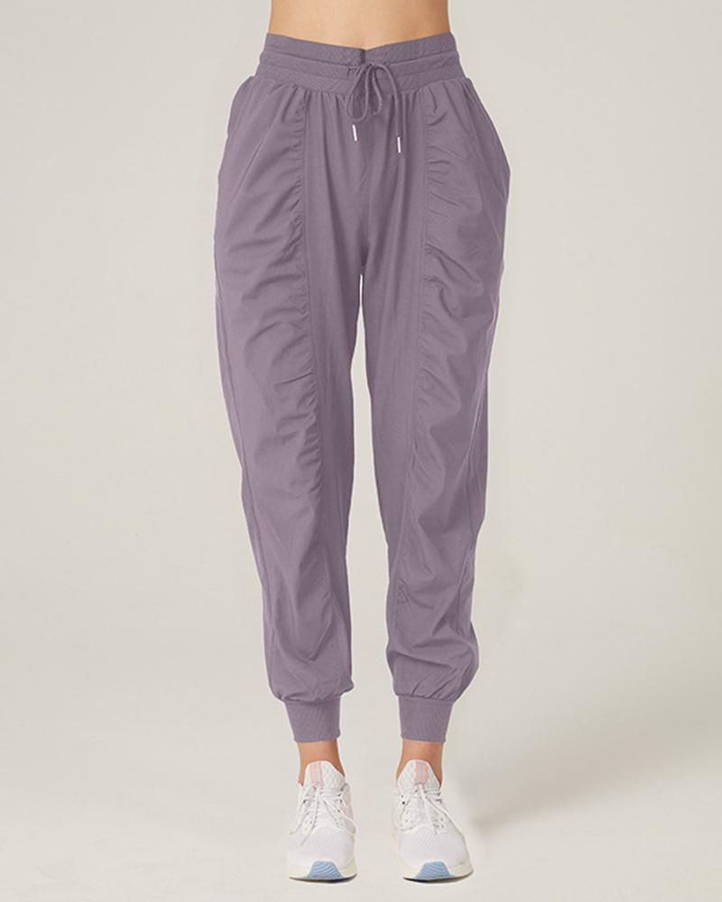 Quick Dry Drawstring Waist Ruched Front Sports Pants For Women-Pinkami