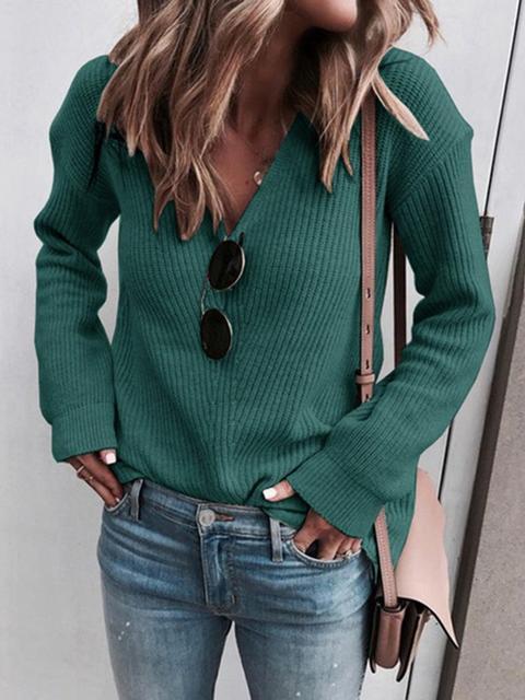V-Neck Solid Color Knitted Sweater-Pinkami