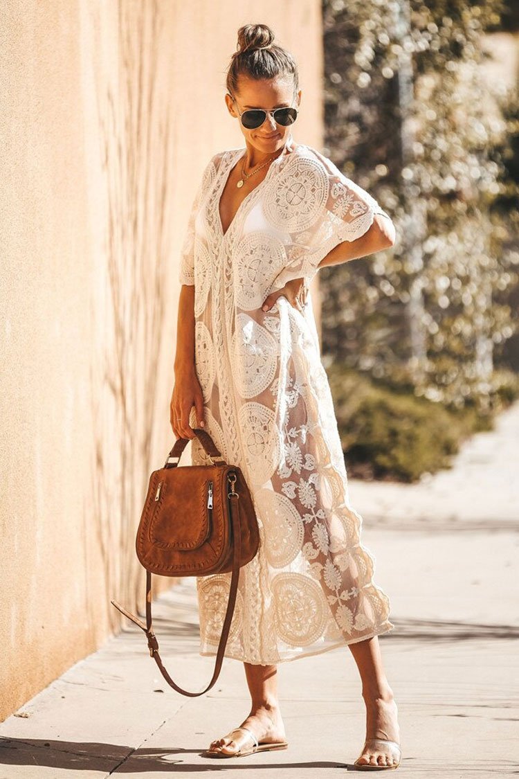 Scalloped Edge Sheer Lace Crochet Maxi Kaftan Boho Cover Up-Pinkami