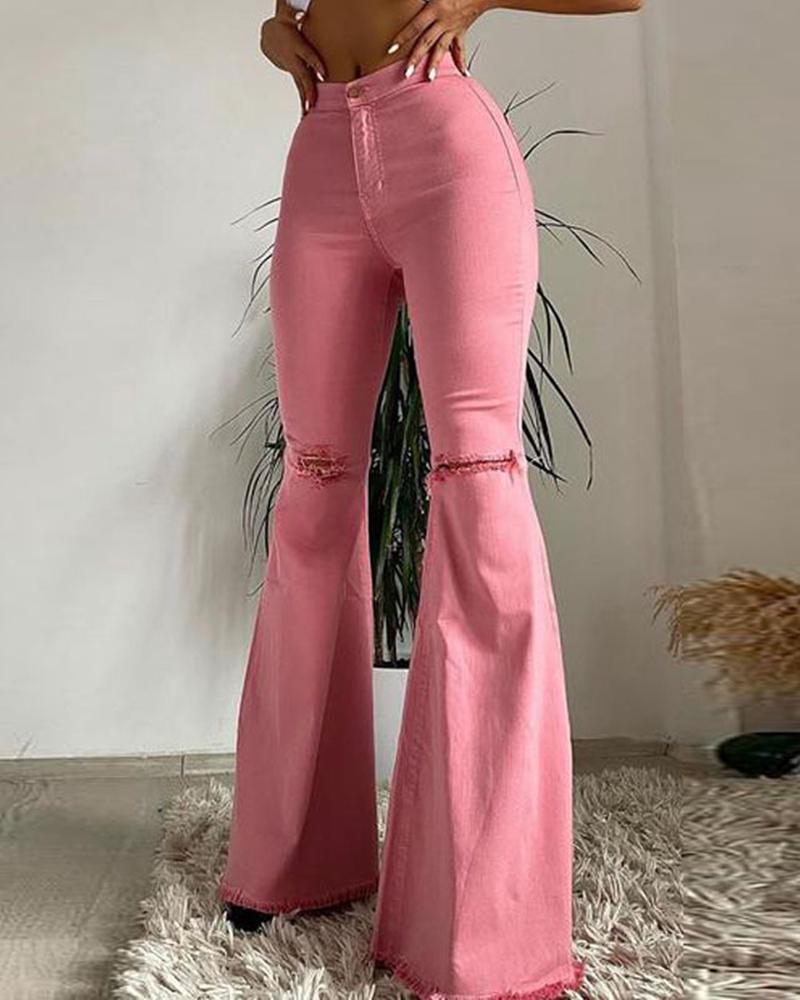 Women Solid Ripped Raw Hem Pocket Detail Flare Leg Jeans-Pinkami