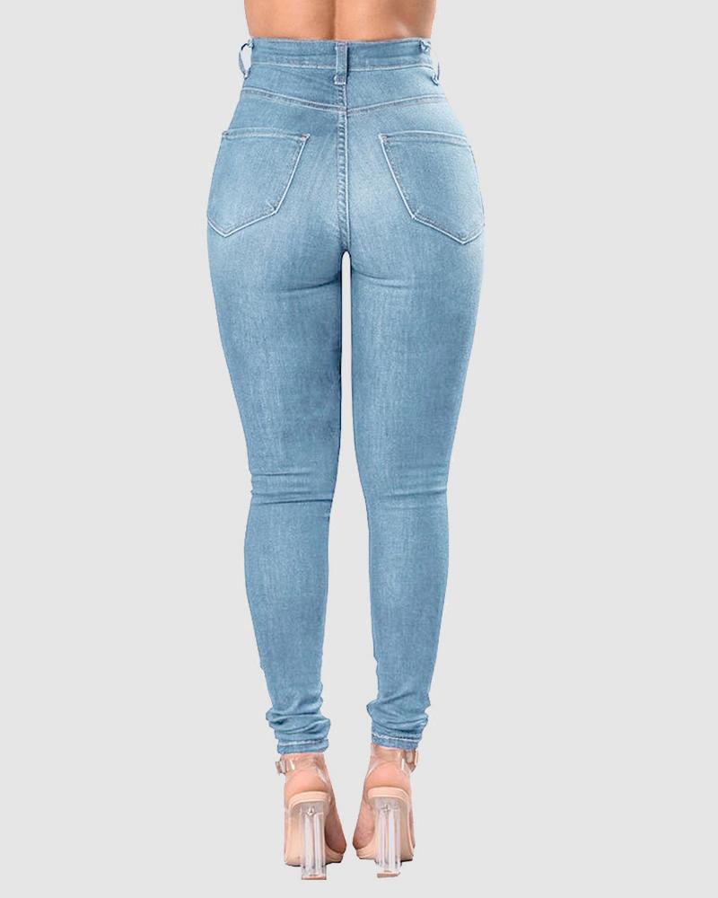 Women High Waist Ripped Hollow Out Skinny Jeans-Pinkami