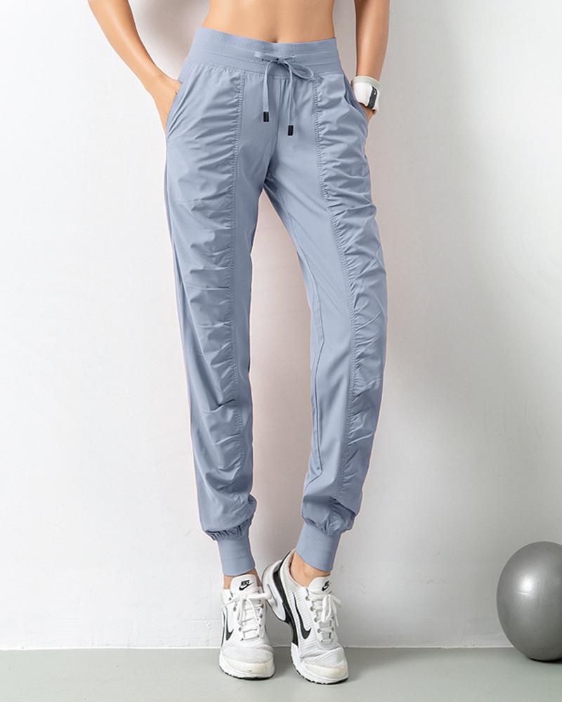 Quick Dry Drawstring Waist Ruched Front Sports Pants For Women-Pinkami